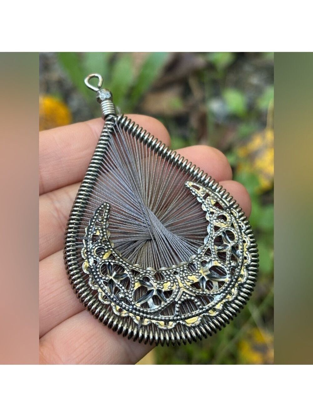 LARGE Silver Tone Intricate Crescent Moon and Gray Threaded Teardrop Pendant